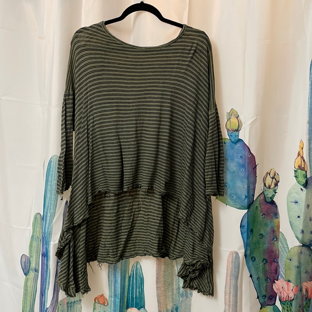 Free People army green and black stripped high-low blouse
